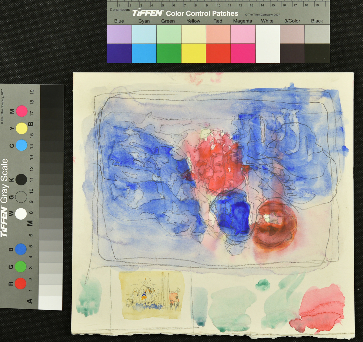 Skisse. Et stort abstrahert motiv i vannfarger og blyant og et lite bymotiv i nedre venstre kant i vannfarger og blyant. Fargeflekker
