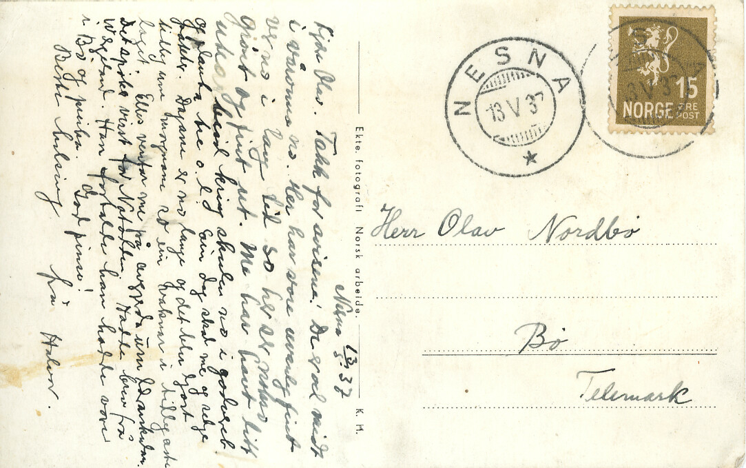 Nesna lærerskole, postkort sendt 13. mai 1937, til Olav Nordbø.