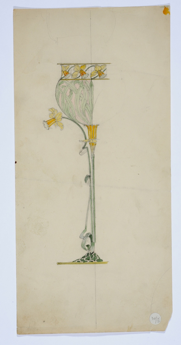 Skisse og uttegning av vase i sølv og emalje med påskeliljer