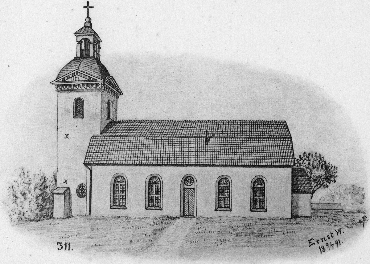 Fotografi av teckning föreställande Landsförsamlingens kyrka. Teckningen är ritad av Ernst Wennerblad. Till höger en signatur "Ernst W. 18 9/4 91."