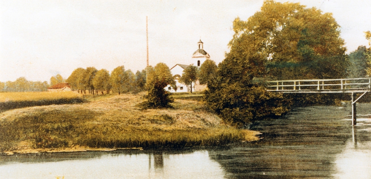 Landskyrkan i Alingsås från andra sidan Säveån, avbildad på kolorerat vykort.