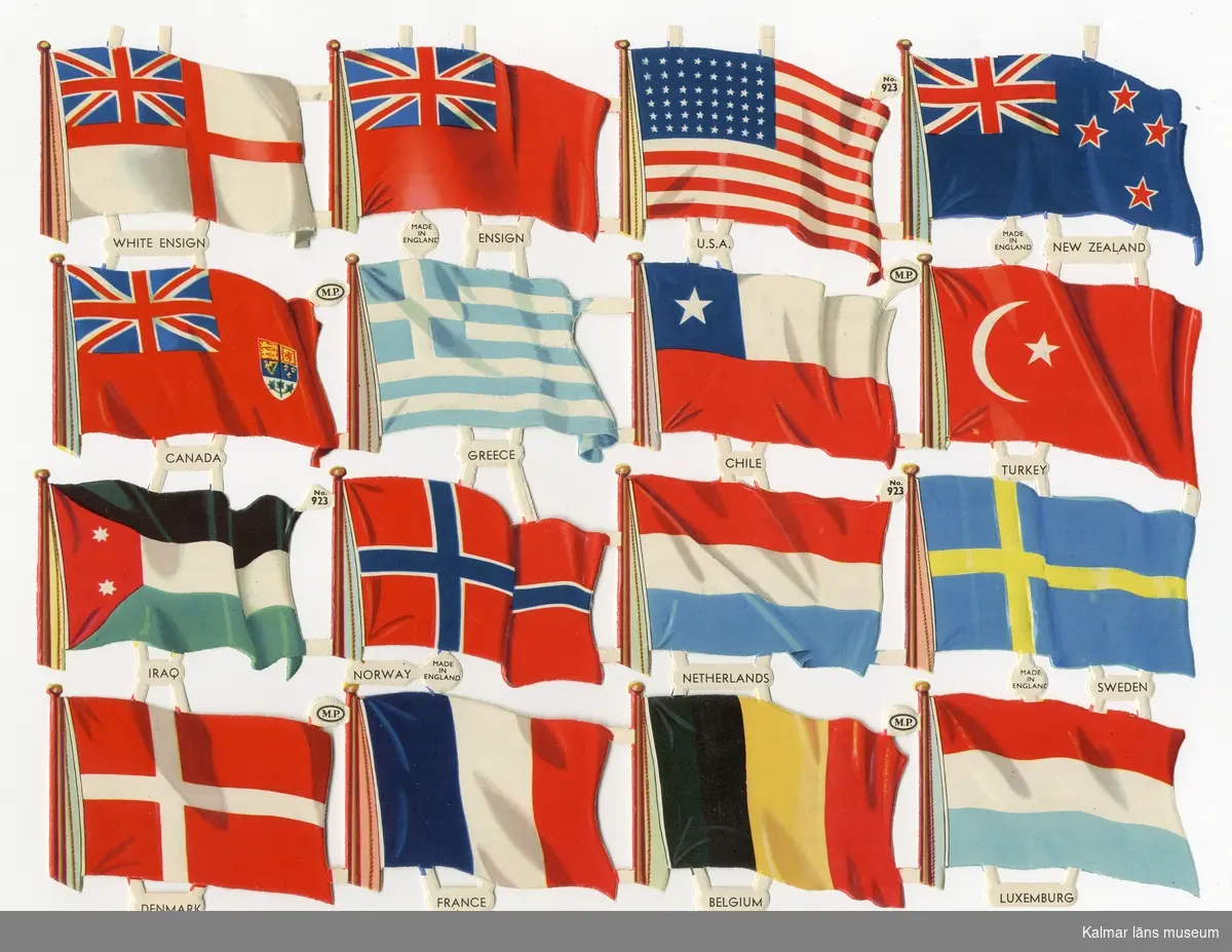 Flaggor; The White Ensign (UK), Red Ensign (UK), USA, Nya Zeeland, Canada, Grekland, Chile, Turkiet, Irak, Norge, Nederländerna, Sverige, Danmark, Frankrike, Belgien och Luxemburg.