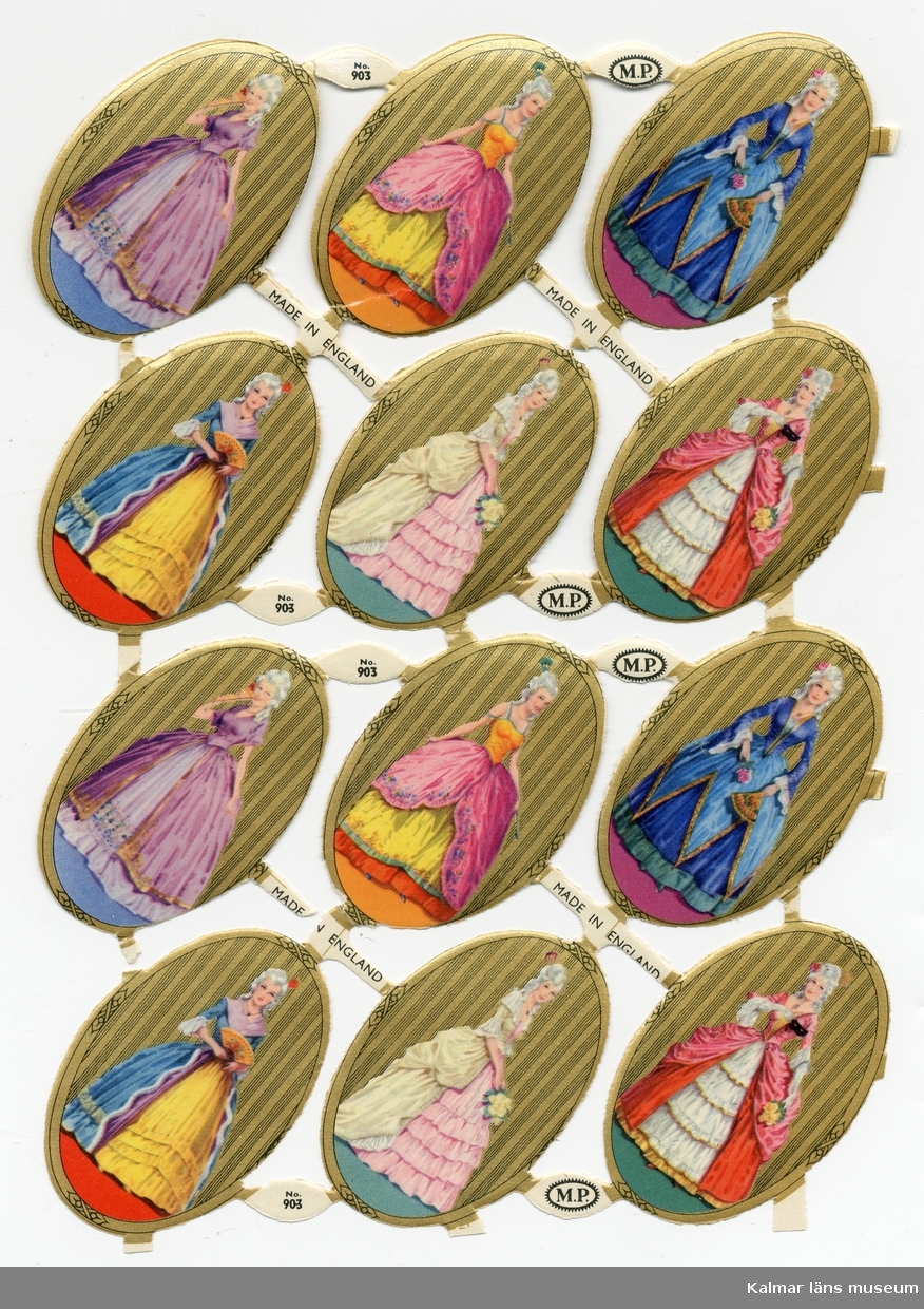 Eleganta 1700-talsdamer i helfigur i klänning och blombukett, guldrandig bakgrund. Sex varianter, två av varje.