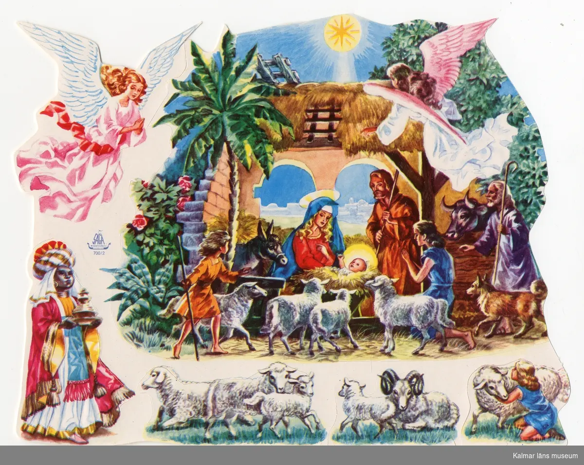 Julkrubba samt några små märken av får, ängel och uppvaktande av helig konung.