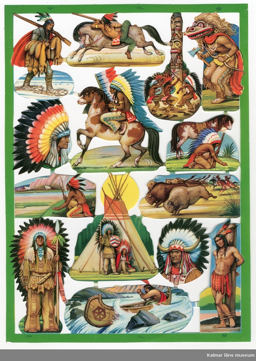 Indian som har jagat, indianer och häst, runt totempåle, dansar krigsdans ?, med fjäderskrud, i kanot, utanför tipi m.m. 14 olika motiv.