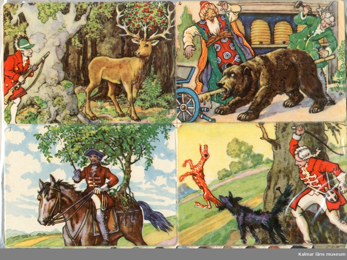 Motiv ur Baron Münchausens äventyr. En jägare möter en hjort med ett körsbärsträd växandes mellan hornen,  en björn har fått en vagnsstång genom kroppen, Baron Münchausen till häst och en hund som fått svansen fastspikad i ett träd och som hoppar ur pälsen.