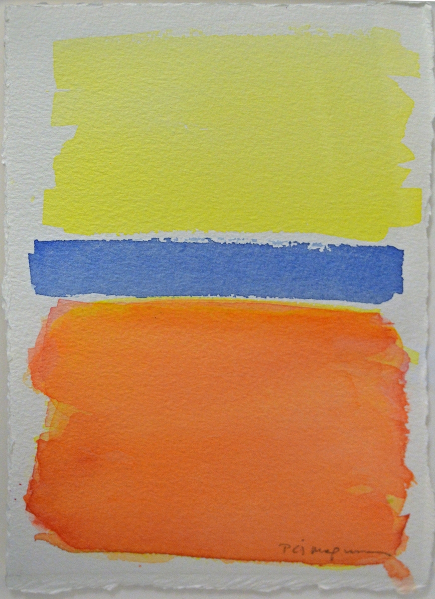 Målning med tre färgfält i gult, blått och orange.