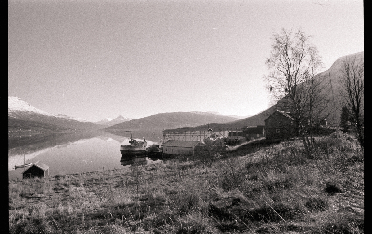 Landskap og bebyggelse i Gratangen. Midt i bildet en fiskebåt og en nothjell ved et kaianlegg.