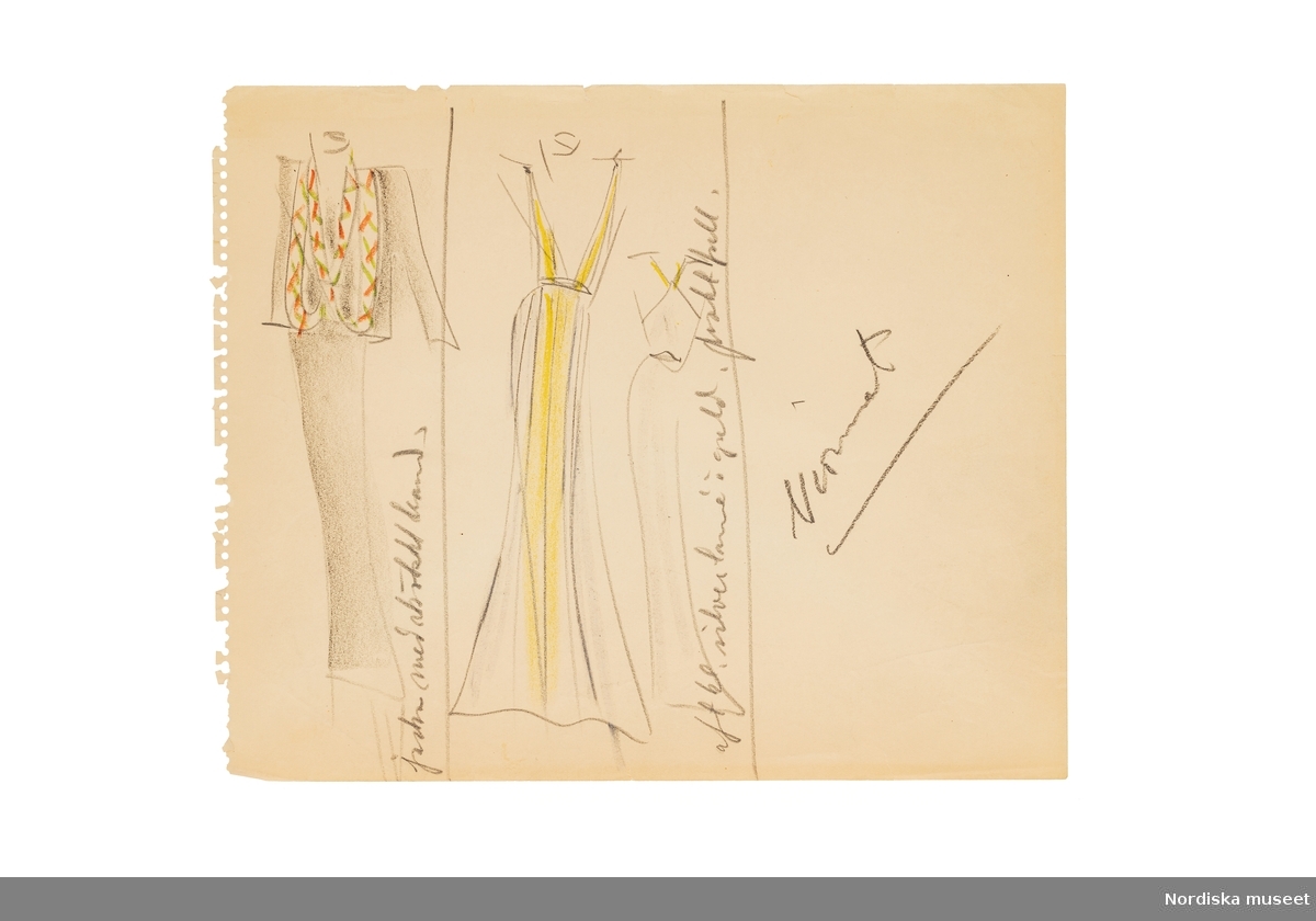 Modeskisser utförda av Pelle Lundgren (1896-1974) kreatör, från 1923 förste försäljare och senare ateljéchef på NK:s Franska damskrädderi. Från 1965 till stängningen av verksamheten 1966 var han disponent. Pelle Lundgrens minnesskisser från de kända modehusen i Paris är tecknade efter visningarna, i ritblocket eller på det som fanns till hands – som hotellets brevpapper. De snabba skisserna inspirerade ateljéns egna modeller. Här ses några av de modeller som skapats för filmens och teaterns räkning. Bland skisserna finns bland annat teckningar av Zarah Leanders sparsmakat glamourösa scenkostymer som bländade publiken på Theater an der Wien 1936 och middagsklänning från vårens kollektion 1941. Slaget på den svarta middagsklänningen bildar en slips som är broderad med guldpaljetter och strass. Klänningen bars av Karin Ekelund Sachs i filmen Bara en kvinna samma år.