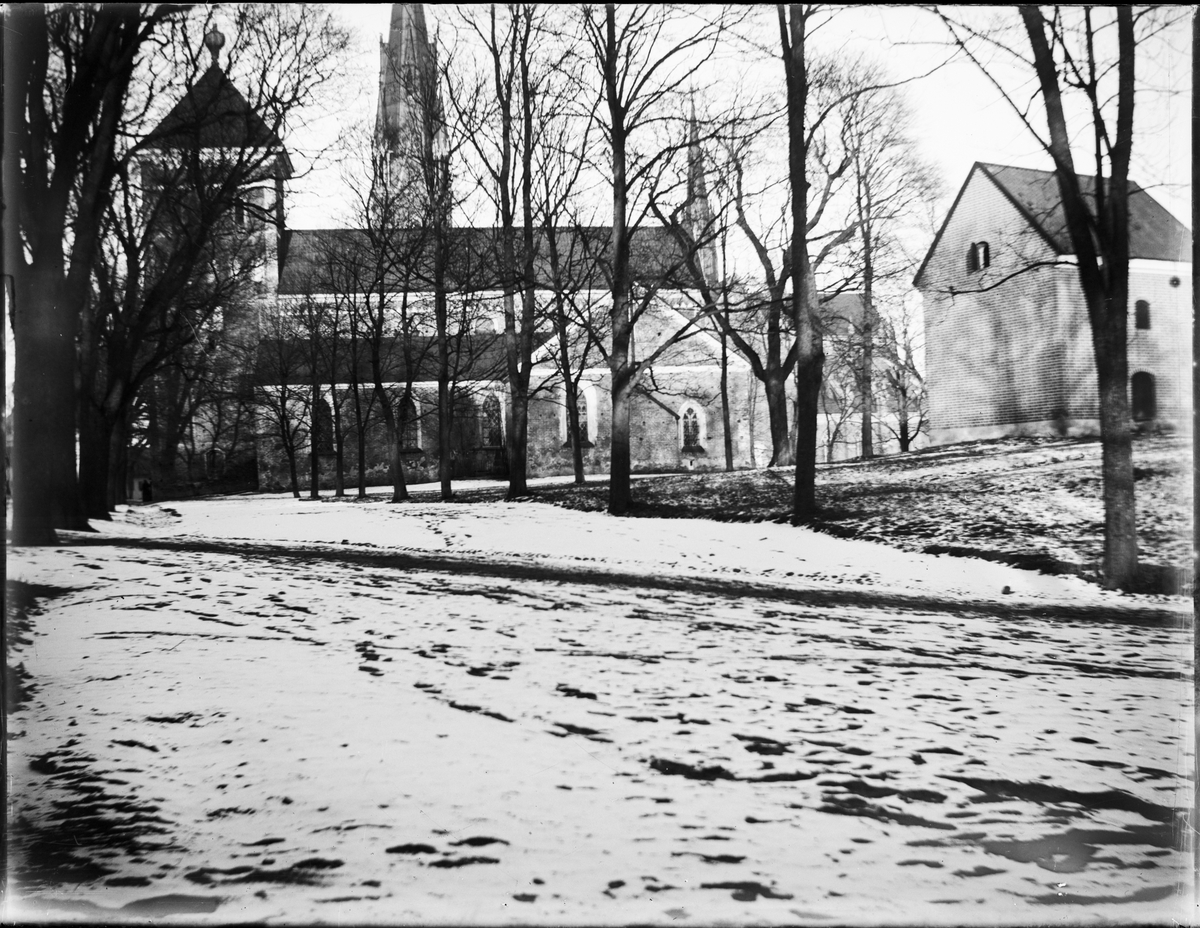 Helga Trefaldighets kyrka och domkyrkans torn i bakgrunden, Odinslund, Uppsala