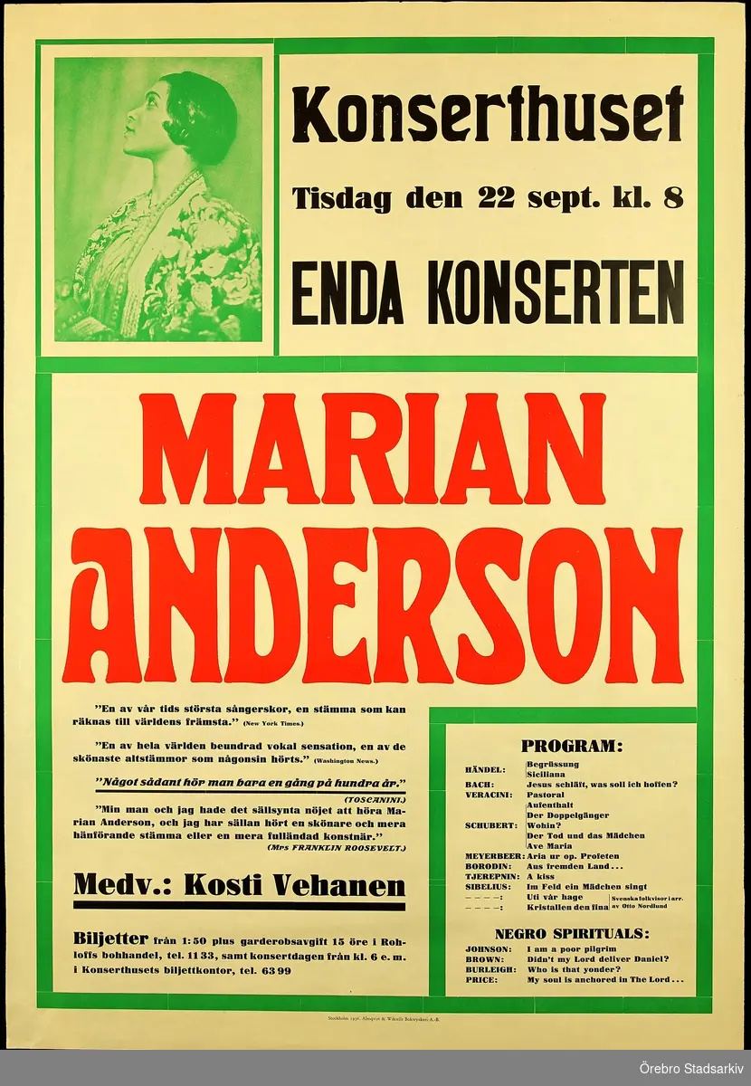 Sångerska Marian Anderson, Kosti Vehanen