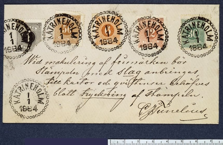 Kuvert med provstämplar "Katrineholm 1/1 1884".