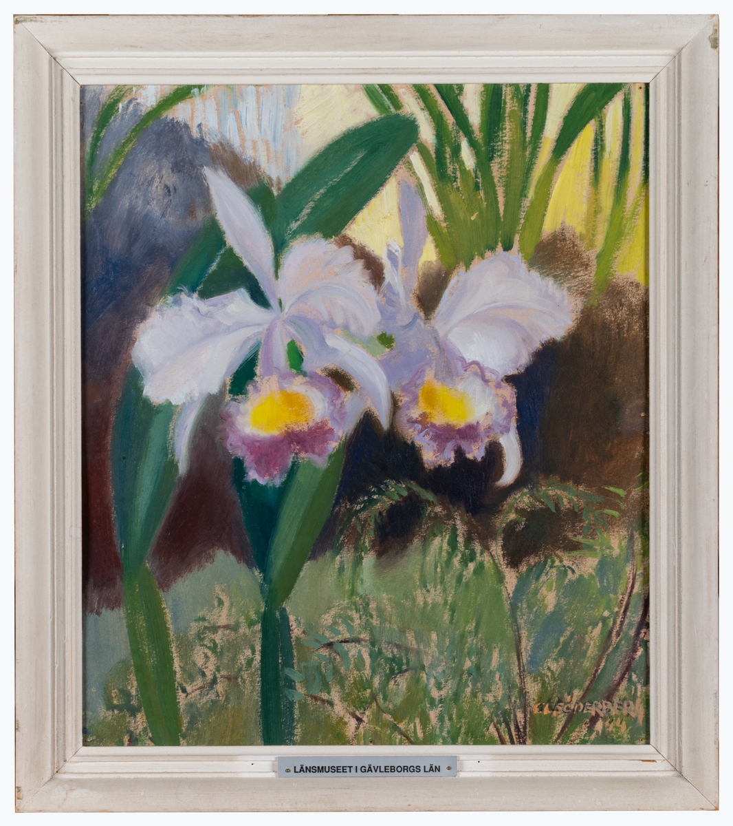 Målning, olja på pannå, titel Orkidé, ljuslila oh gula orkidéer med växtlighet i bakgrunden.