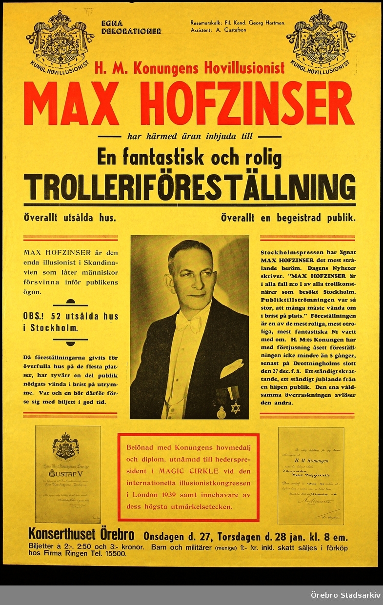 Hovillusionisten Max Hofzinser (1885-1955), Resemarskalk Fil. Kand. George Hartman, Assistent A. Gustafson