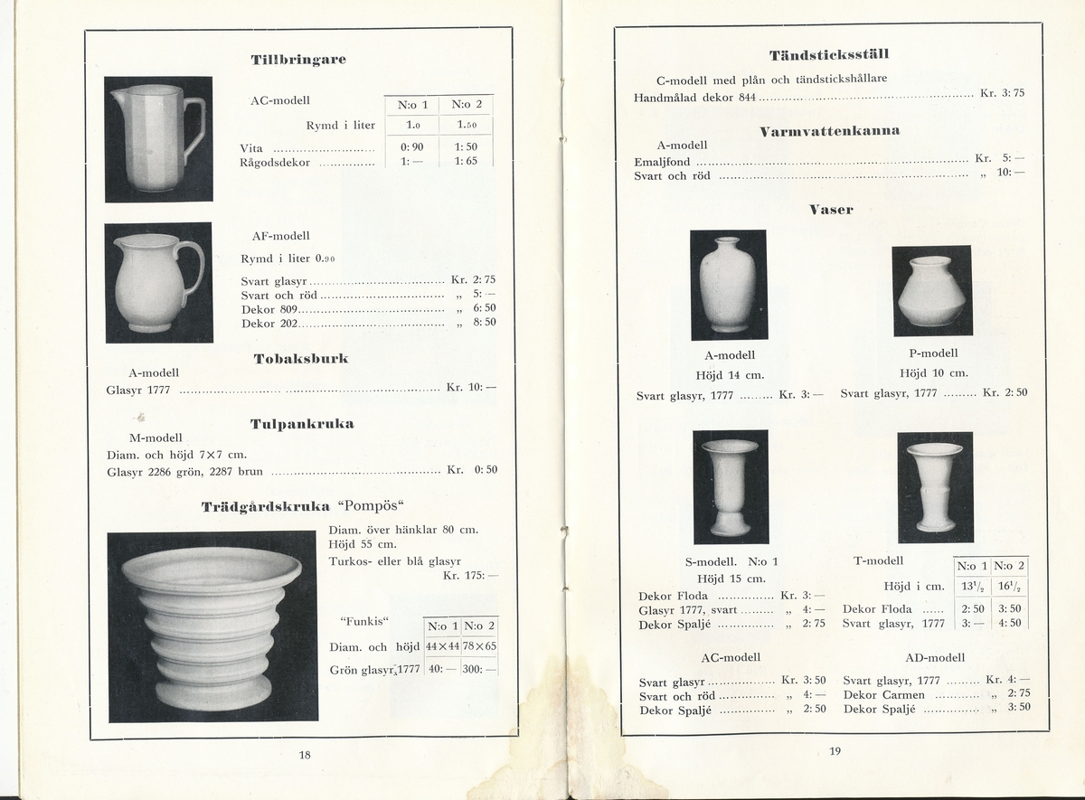 Produktkatalog, priskurant, över 1933 års produktion av keramik vid Aktiebolaget Gefle Porslinsfabrik.