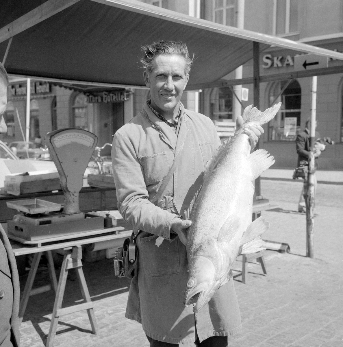Fiskaren Hans Nilsson vid sitt fiskestånd på Stora torget i Linköpng. I händerna håller han en präktig gös som uppges väga inte mindre än 11 kilogram. Den har han fångat i sjön Roxen där han sedan ungdomen varit yrkesverksam.