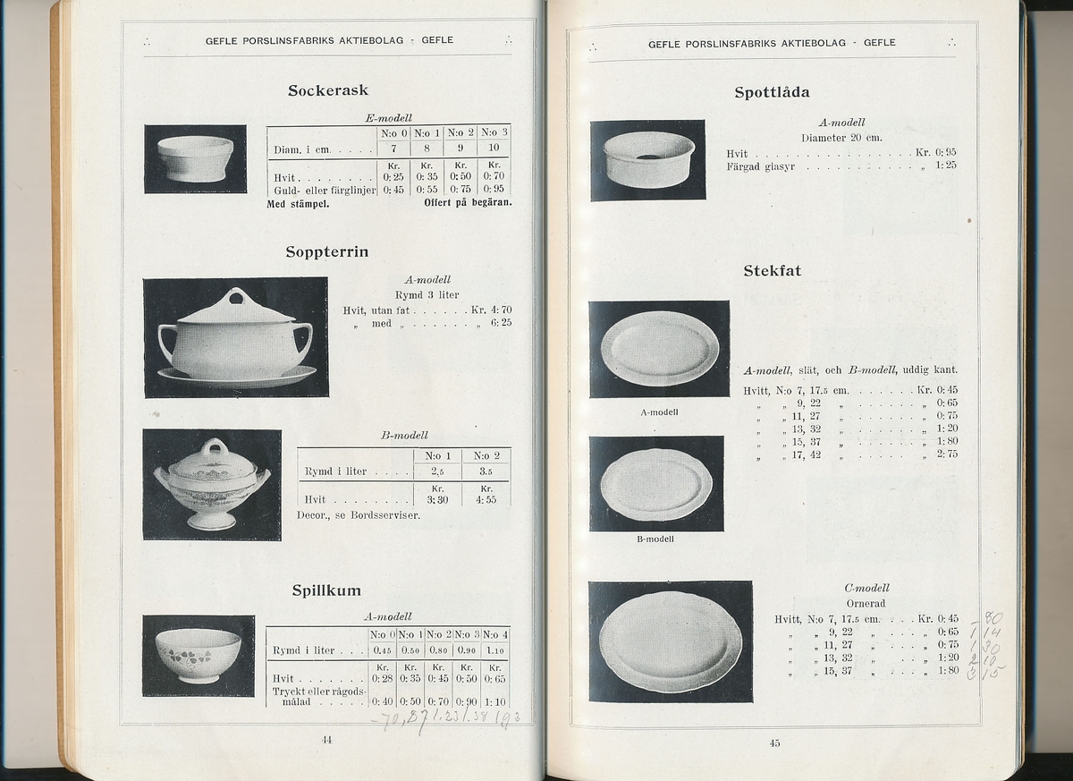Produktkatalog, priskurant, över 1918 års produktion av keramik vid Aktiebolaget Gefle Porslinsfabrik.