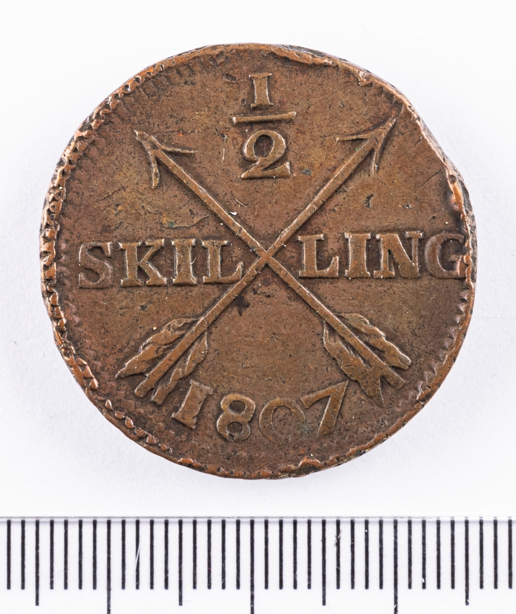 Mynt, Sverige, 1/2 skilling, 1807.