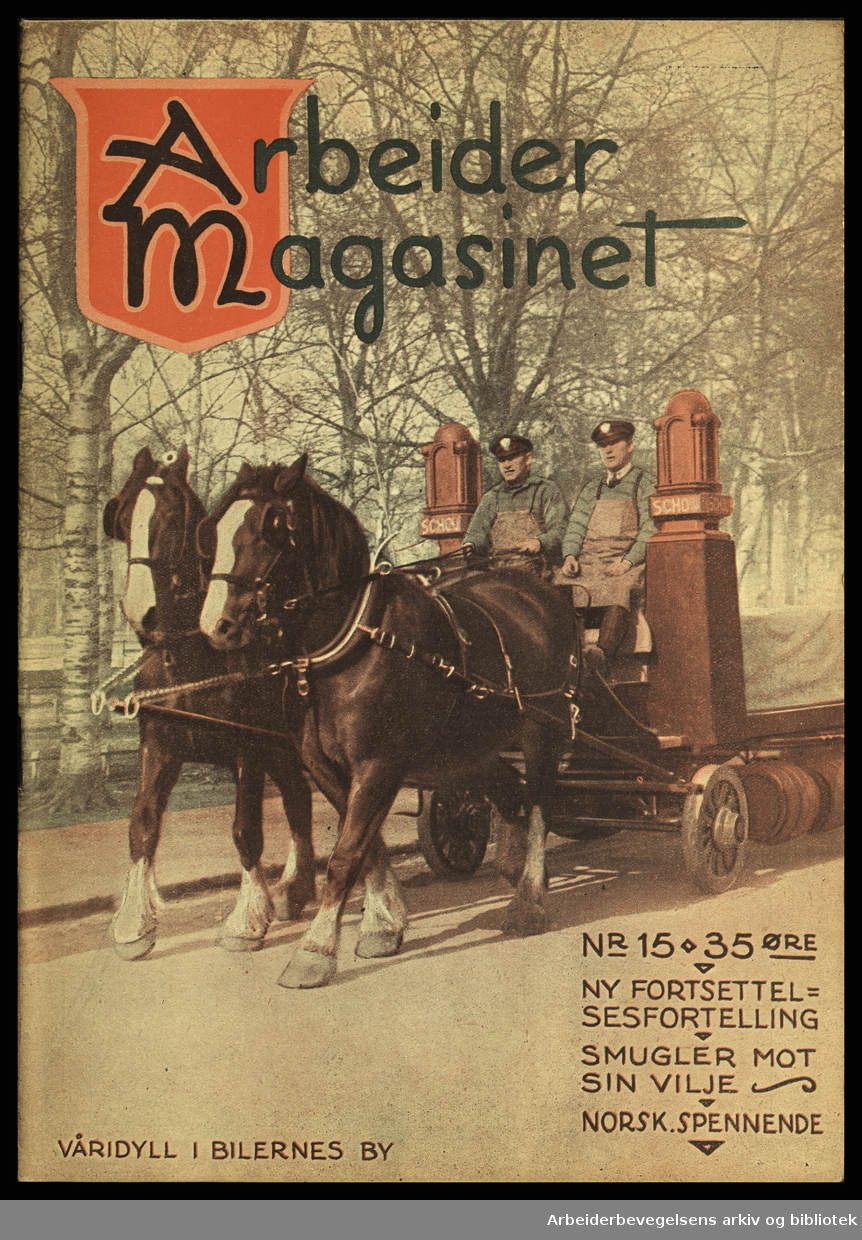 Arbeidermagasinet - Magasinet for alle. Forside. Nr. 15, 20. April 1929. "Våridyll i bilernes by". Bryggerihester fra Schous ved Birkelunden på Grünerløkka. Foto: Narve Skarpmoen.