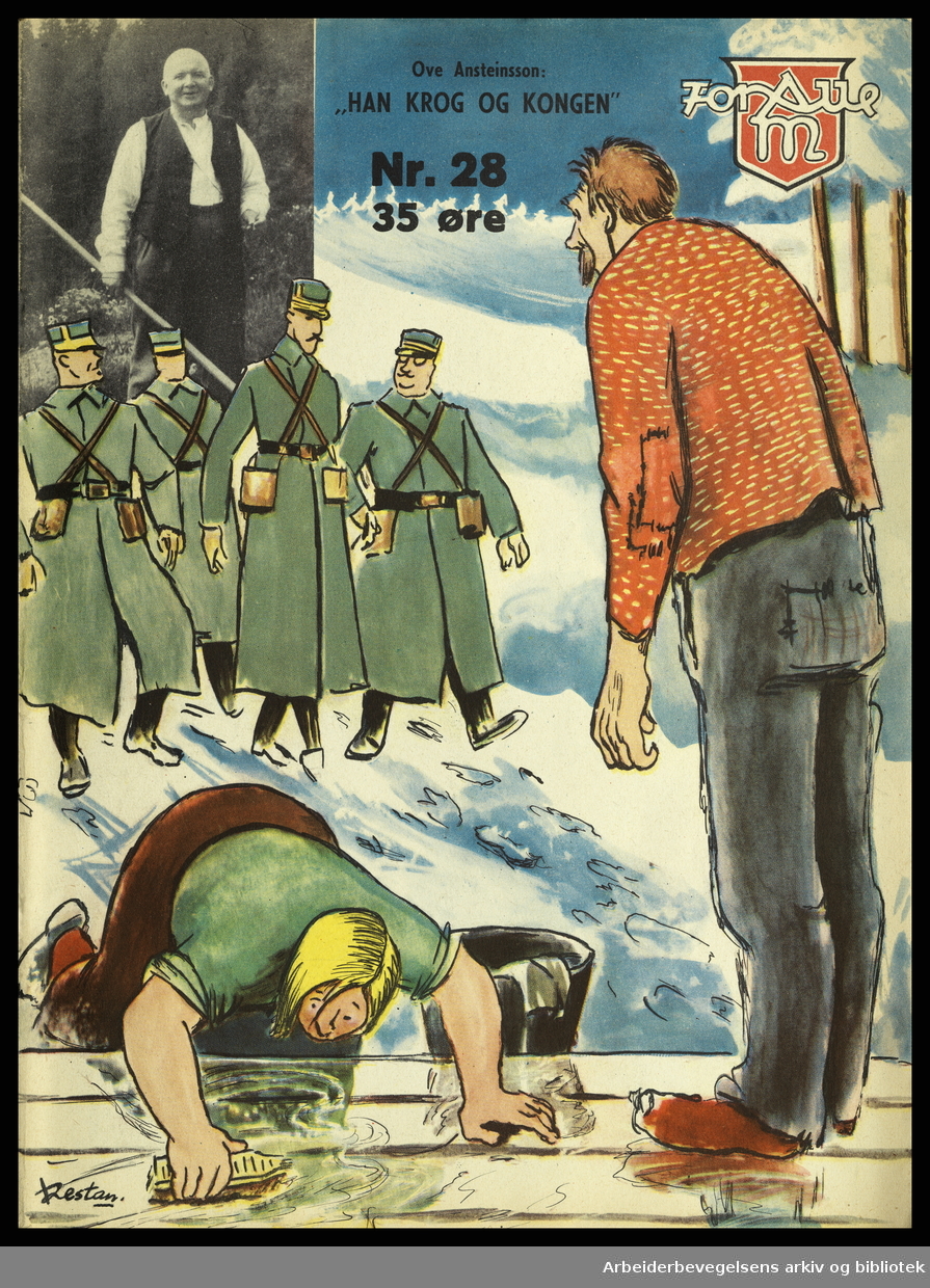Arbeidermagasinet - Magasinet for alle. Forside. Nr. 28. 1939. Illustrasjon: Bjarne Restan. Foto av Ove Ansteinsson. Kong Haakon VII.