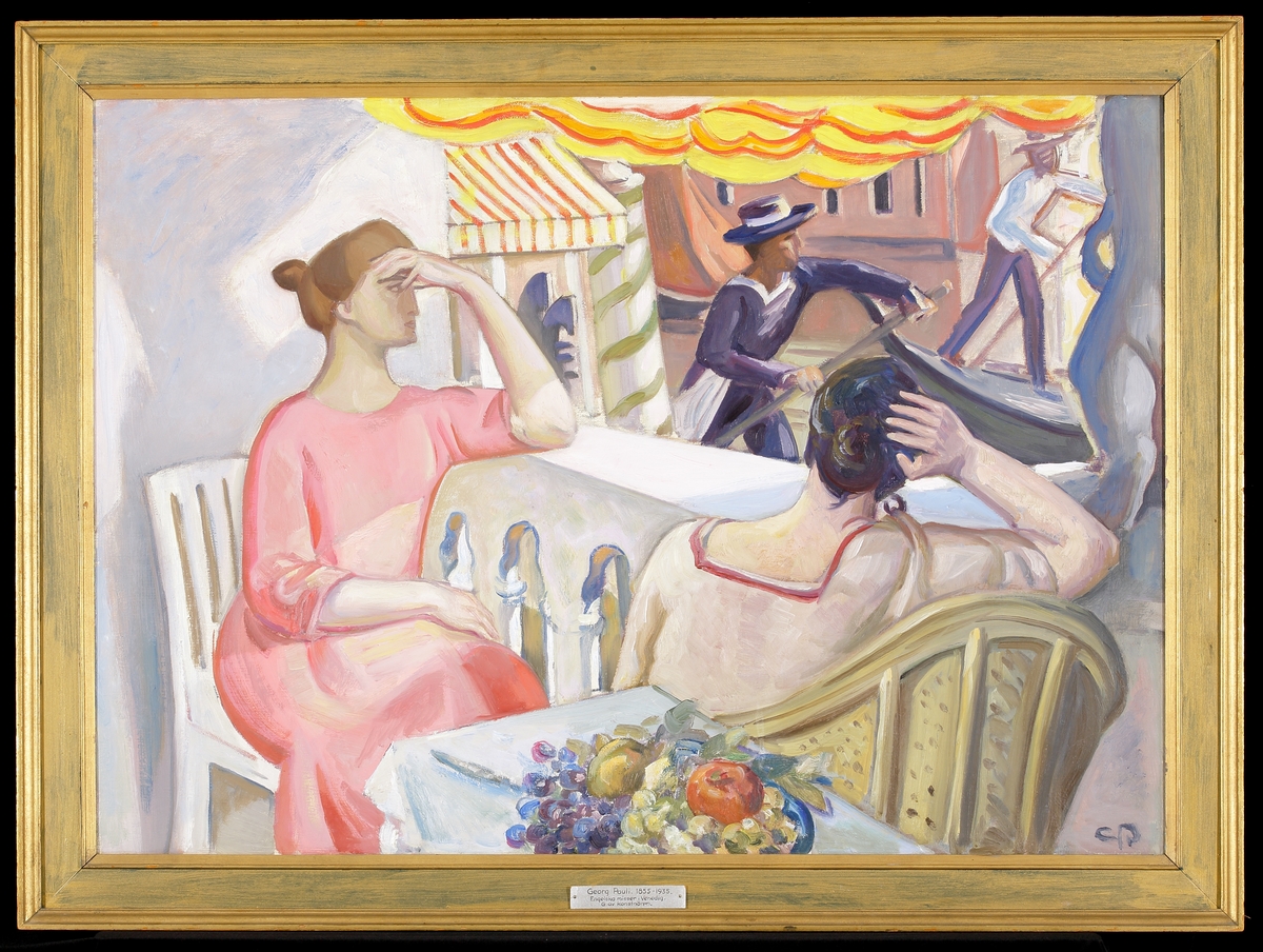 Oljemålning på duk.
I förgrunden en balkong eller dylikt på vilken två damer sitter 
och tittar ut på två gondoljärer som glider förbi i kanalen.
Venedig.