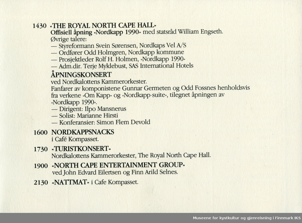 Program i forbindelse med åpningen av "Nordkapp 1990", 15.juni 1988.