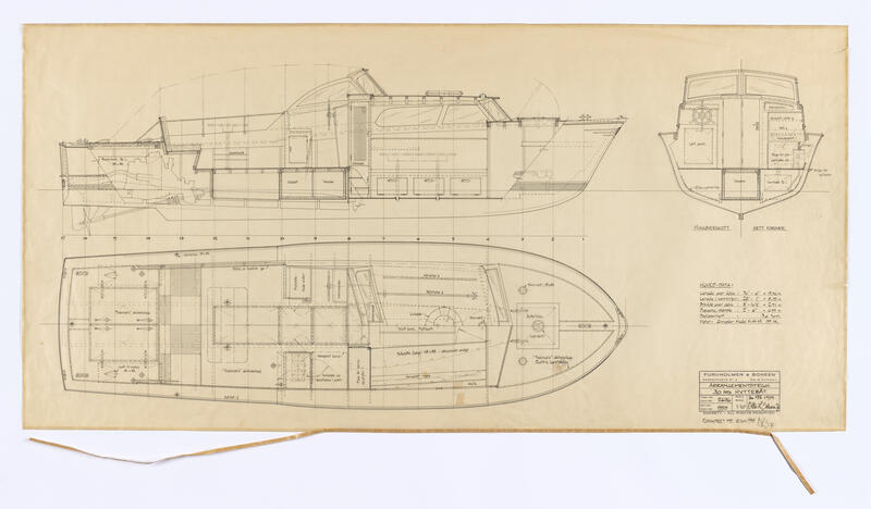 Tegning av skip fra arkivet til skipskonstruktør Otto L. Scheen