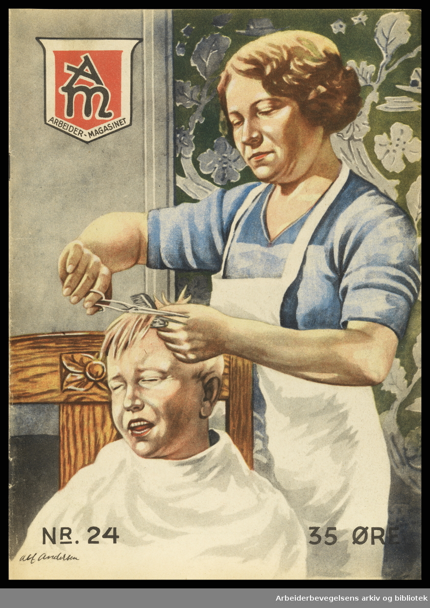 Arbeidermagasinet - Magasinet for alle. Forside. Nr. 22. 1933. "Hårklipp". Illustrasjon: Alf Andersen.