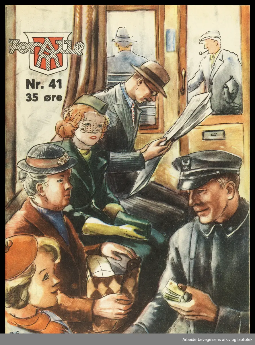 Arbeidermagasinet - Magasinet for alle. Forside. Nr. 41. 1937. Passasjerer på Oslo-trikken. Oslo Sporveier. Illustrasjon: Borghild Rud.