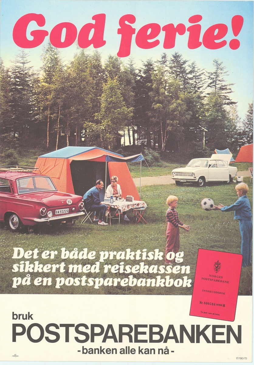 Tosidig reklameplakat med tekst på nynorsk og bokmål og feriemotiv.