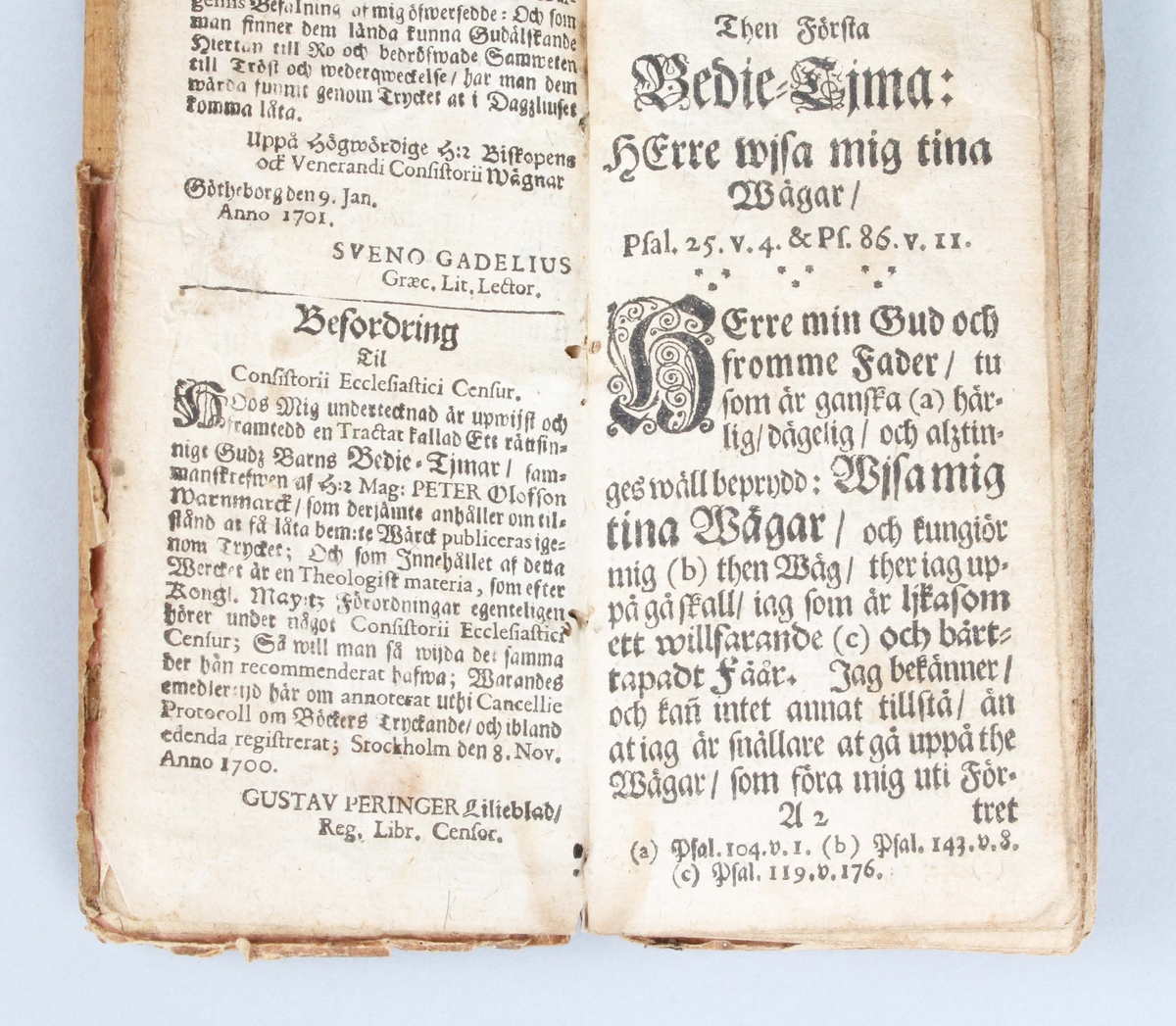 Avlång, smal bönbok i papper. Omslaget gråbrunt. Bruks- och åldersslitage.

Text på insidan: 
Ansökan om publicering, 8 november år 1700. Första tryckta utgåvan, år 1701. Denna utgåvan, tryckt år 1706.

Proveniens: Användes och ägdes, år 1719, av Mathias Kammarduyk, Borås. (Se bild på sista sidan)