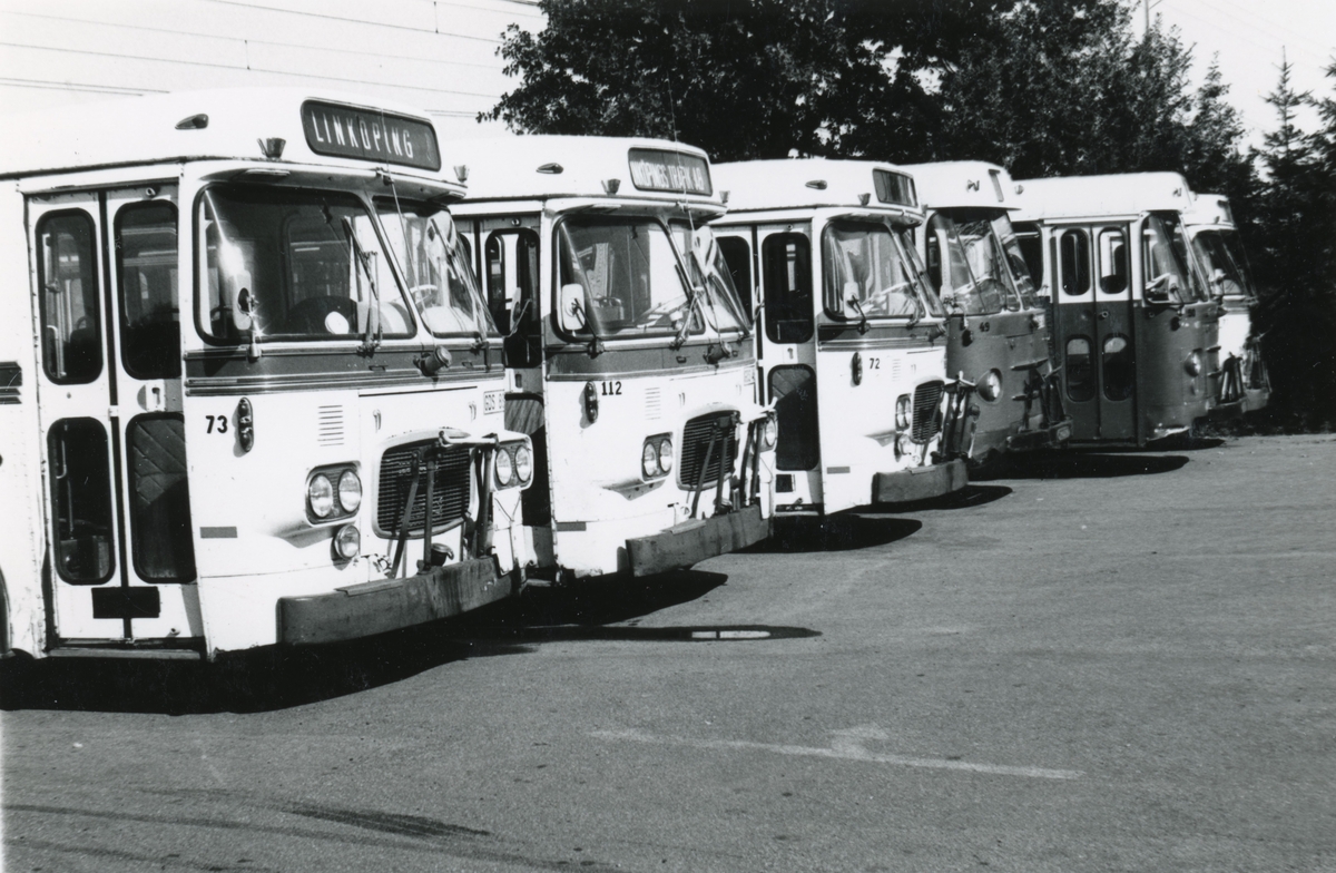 Bussarna nr 73, 112, 72, 49, 50, 77. Linköpingtrafiken år 1981. Bussarna är parkerade på bussdepån Barhällsgatan 1 i Linköping.