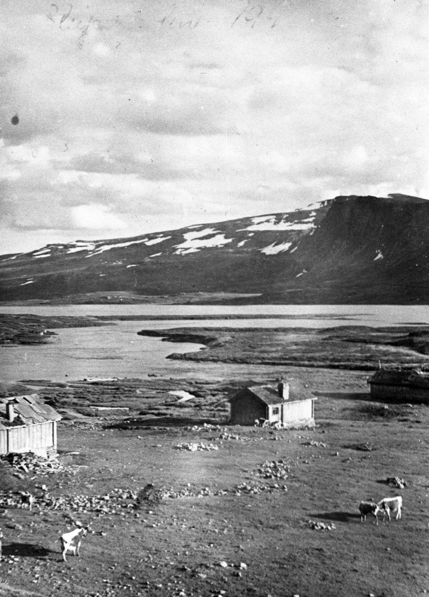 Sleipestølen som den var før reguleringa av fjorden. Til venstre ser me Bøkkeselet med steinheller til tak og til høgre ser me Remmis-selet og fjøset.