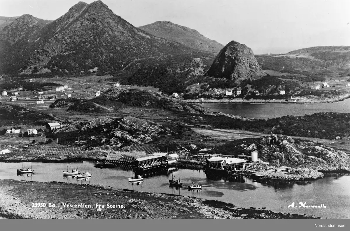 Bø i Vesterålen. Fra Steine. Flyfoto. Havneområde med fiskebåter. Tomme ...