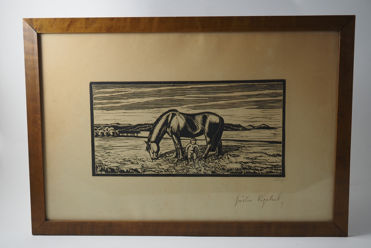 "Lite barn og hest" (ca. 1929). Tresnitt av Gustav Vigeland.