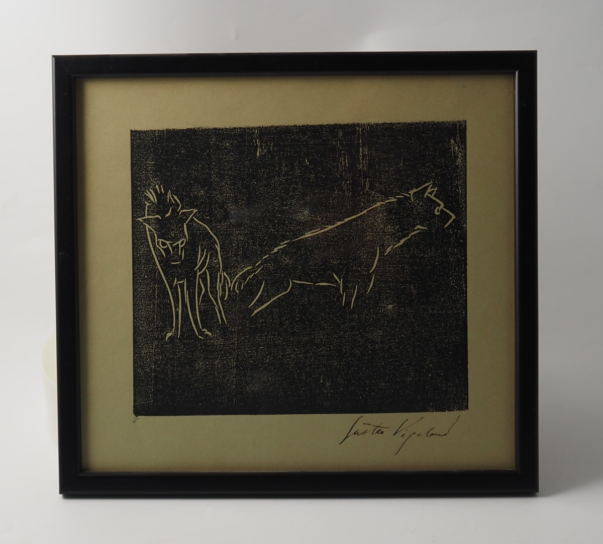 "To hyener" (ca. 1915-1917). Tresnitt av Gustav Vigeland.

Tresnittene med enkle streker av dyr er basert på tegninger Vigeland gjorde under besøk i dyrehager.