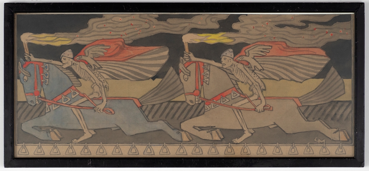 Fremstilling av to ryttere i skjelettform med røde kapper og ravner sittende på ryggen. Rytterne holder en brennende fakkel i høyre hånd og hestens tøyler i venstre. Nederst er det en bord med trekantformede ornamenter som ligner på stigbøyler. Vignett til Magnus den Godes saga i Snorre Sturlassons Kongesagaer 1899.