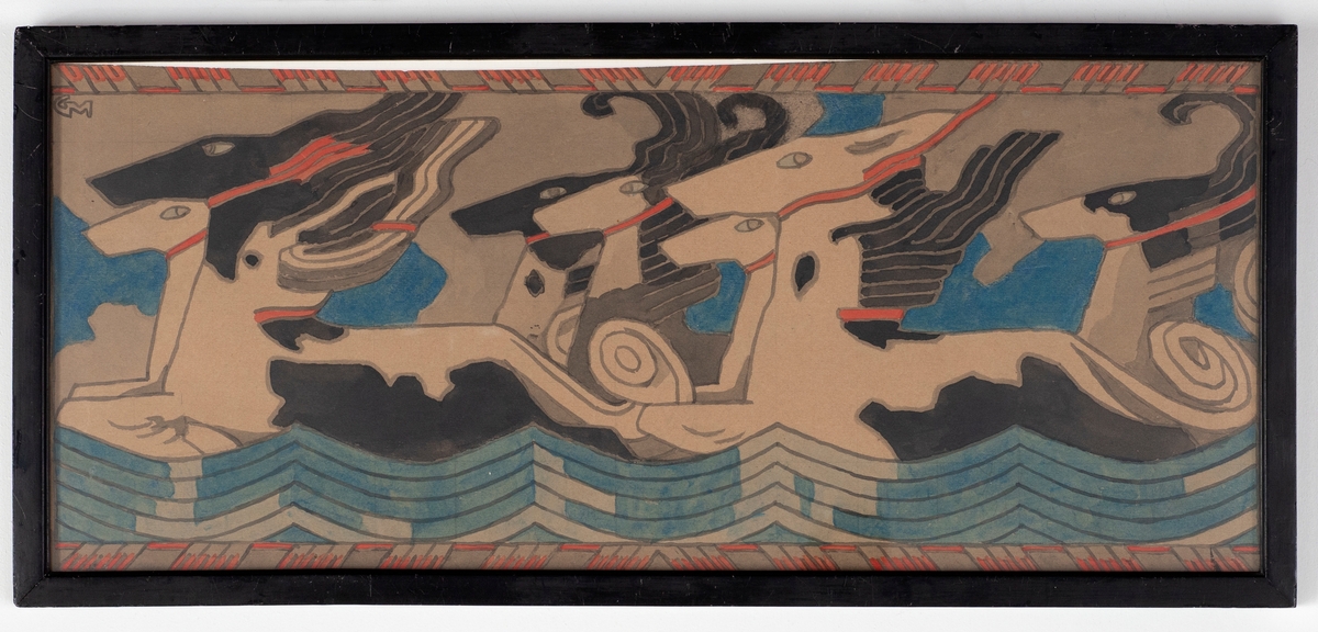 Fremstilling av sju hvit og svarte hester med røde tøyler som løper mot venstre i en vannkant med bølger. Vignett til Haakon Jarls saga i Snorre Sturlassons Kongesagaer 1899.