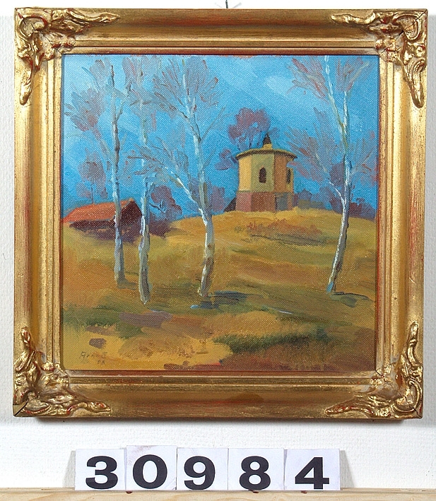 Målning i stående format föreställande gult lusthus på krönet av en backe. Björkar i förgrunden.