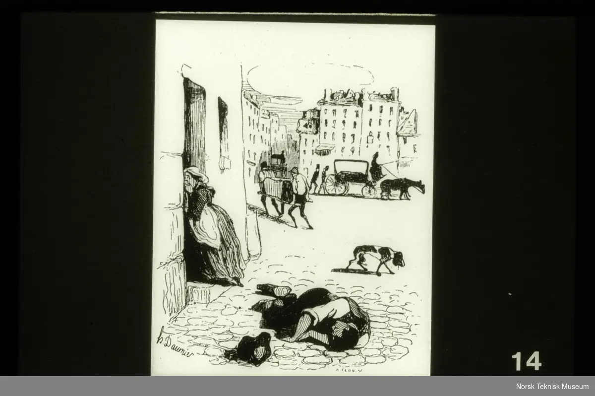 Illustrasjon til "Sykepleiens verdenshistorie" samlet av Ingrid Wyller. Koleraens herjing.
