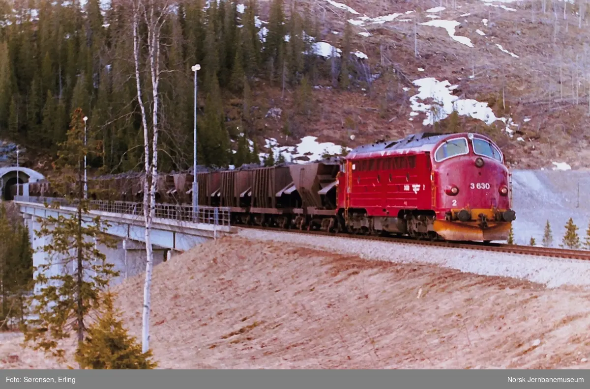 Diesellokomotiv Di 3 nr. 630 med malmtog ved Ørtfjell