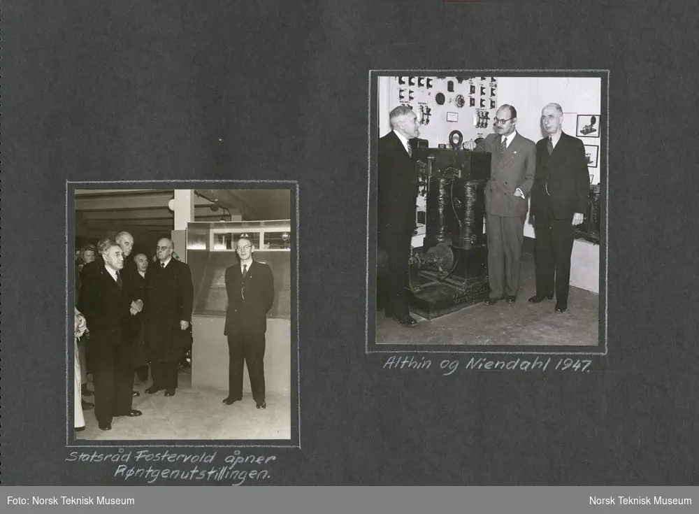 Albumblad, statsråd Fostervold åpner Røntgenutstillingen 1946 og Althin fra Teknisk Museet i Sverige og Niendahl fra Danmarks Teknsike Museum besøkte Philip Pedersen i 1947