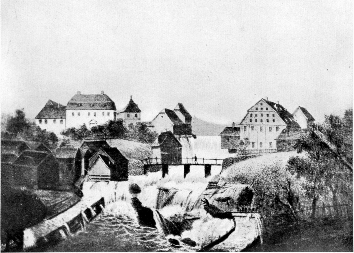 Glads mølle, Vøien gård og fabrikkbygninger ved Beyerbrua, 1820-30.