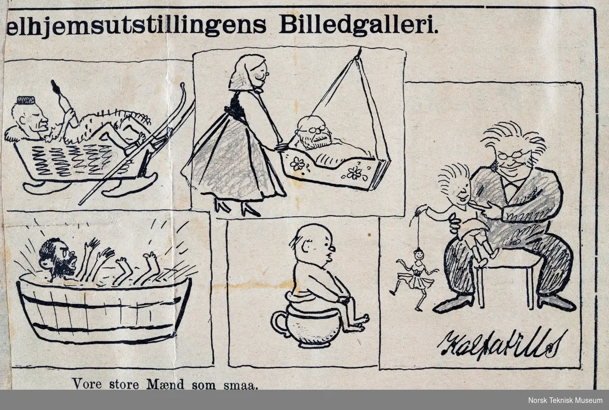 Utsnitt av illustrasjon fra vittighetsblad fra utklippsbok fra Barselhjemutstillingen.