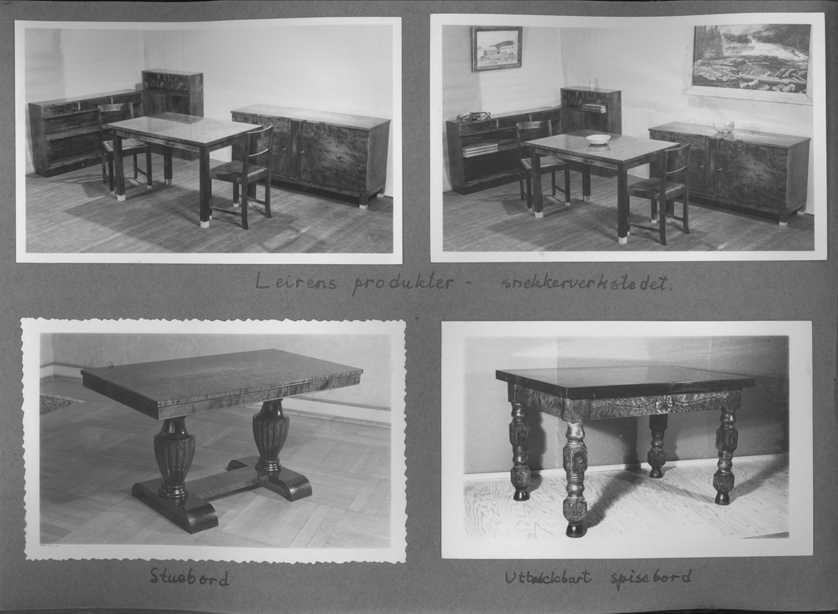 Side fra Kjeld Bugges fotoalbum. Innherad fangeleir - møbler fra snekkerverkstedet.