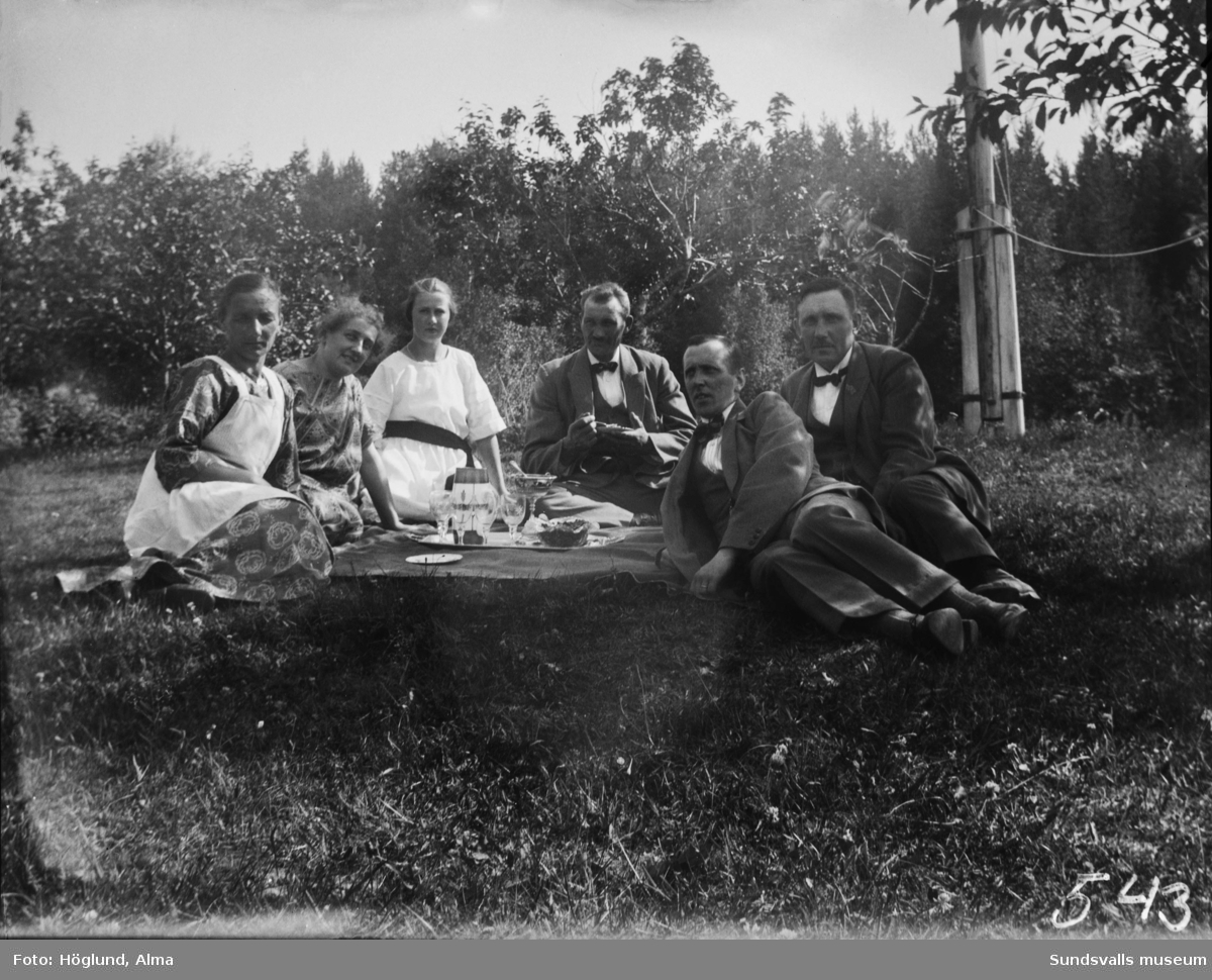 Picknick i det gröna. Från vänster: Sanna Eriksson, okänd, okänd, Emil Eriksson, okänd och Gottfrid Höglund.