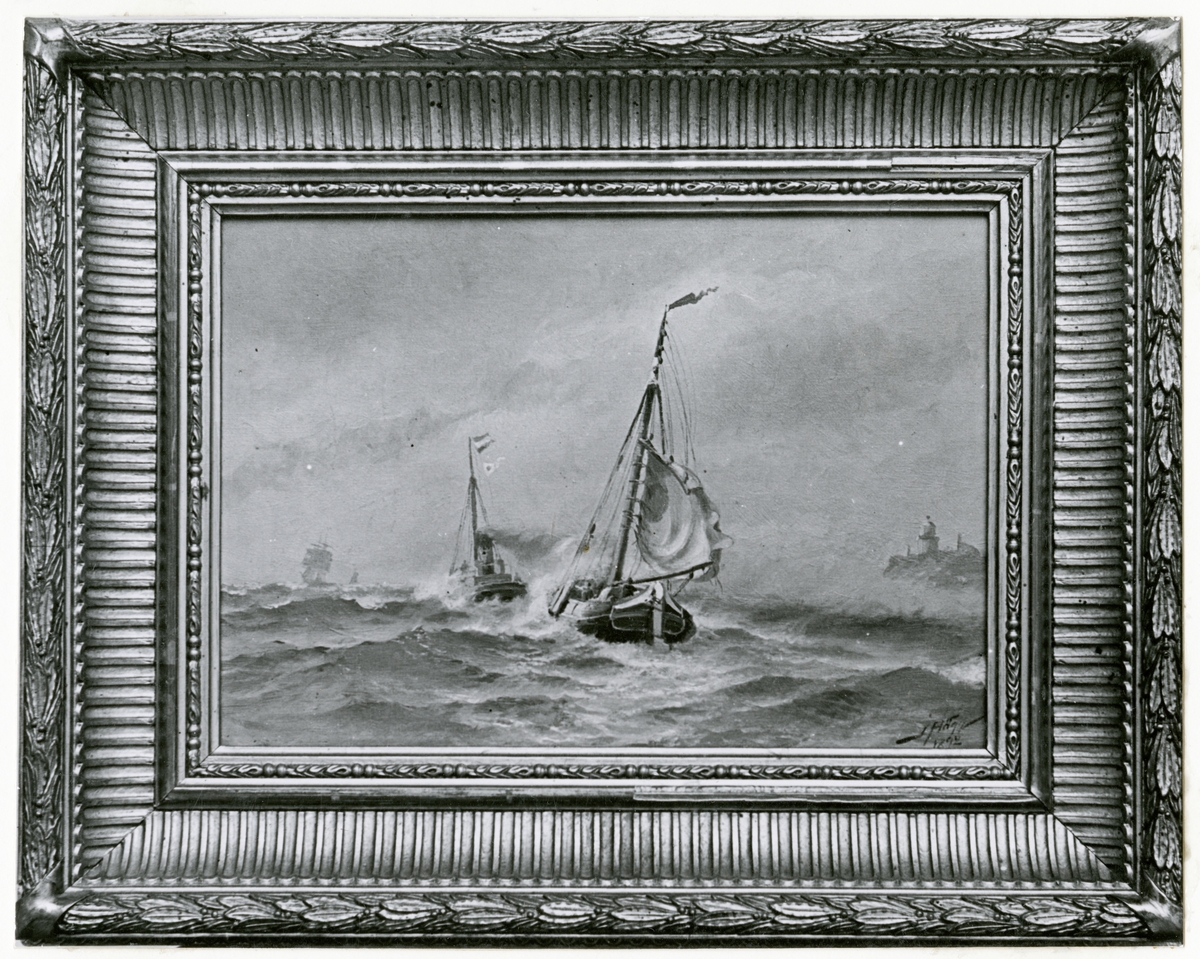 Minnesutställningen över konteramiralen, marinmålaren Jacob Hägg. Oljemålningen "Holländskt kustfartyg under bogsering".