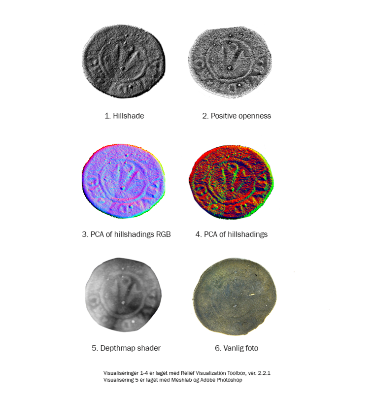 Montasje: Seks ulike bilder av mynten fremskaffet med ulike filtre i ulik bildebehandlingsprogramvare. På alle seks bildene er ulike deler av mynten mer eller mindre tydelige.