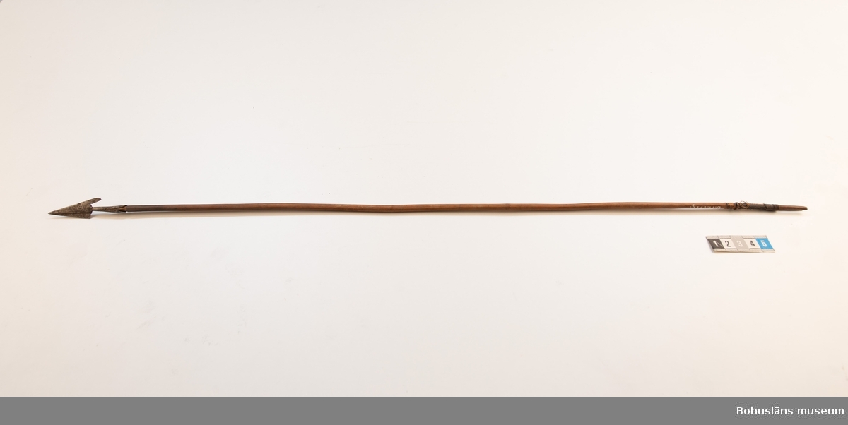 Ur handskrivna katalogen 1957-1958:
Båge m. 17 pilar, Afrika
Bågen a) L.103 cm; m. sträng av en vidja; i bågens ändar runda träkulor. Hel.
b-l, 3- kantiga m. smal svart fastsurrad träspets m. hullingar.
b-c, L. 72 och 71,2 cm; har blad infällda i ändan som styrfjädrar.
d-k, L. 75,5; 72; 71,8; 71,8; 71,6; 71,5; 76,6; 66 cm; lika b och c men saknar styrfjädrar;
k upptrasad i ändan.
l, L. 55,5; av ngt annan typ än föreg, har haft spets och styrfjädrar, vila saknas.
m-r, runda skaft, styrfjädrar, spetsen av järn m. hullingar (ej 791 m) och holk f. fastsättn.
L. 69; 68,1; 76,4; 65; 64,7; 61,3 cm;
("r" saknar spets; n och q saknar en hulling. "o" saknar 2 styrfjädrar; "p" saknar ena delen i "klykan" f. strängen)
Q: saknar styrfjädrar och har något fragmenterad pilspets.

Ur Knut Adrian Anderssons Katalog II 1916:
No 22, nr 7, 8 ,9 på etiketten i Elmer Göranssons samling. Båge av trä m. sena till sträng jämte 17 förgiftade pilar av två typer med hullingar. Från Mogala i Belgiska Congo.

Artikel i Bohusläningen måndagen den 1 november 1937, "Vittberesta bohusläningar berätta. Upplevelser under 30-årig vistelse i Belgiska Kongo. Kapen Elmer Göransson. Folk och sedvänjor under ekvatorns glödande sol."

UMFA54467:0588 visar porträtt på sjökapten Elmer Göransson i uniform med ett antal ordnar och utmärkelser. Fotograf Thure Nihlén, Uddevalla.