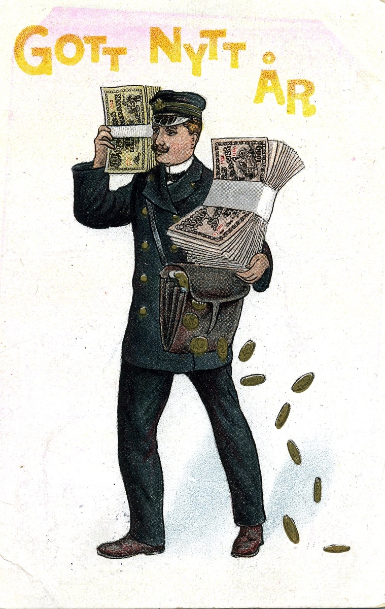 Nyårskort med motiv av brevbärare som bär på sedelbuntar och postväska ur vilken mynt faller.